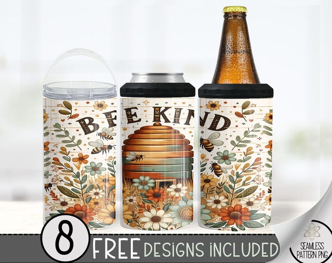 Bee Themed Can Cooler Design, Affirmation Sublimation Design, Watercolor Bee 4 In 1 Can Cooler, Boho  16 oz Can Holder Design Wrap, Bee PNG