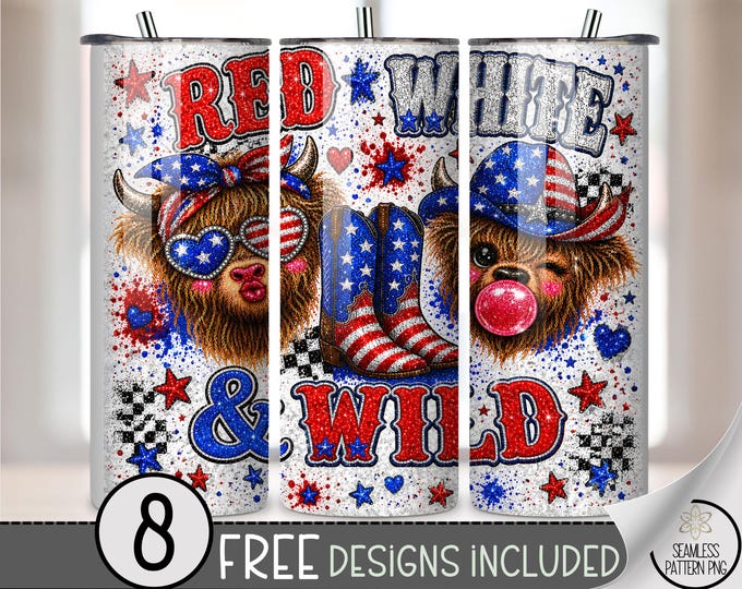 Patriotic Highland Cow 20 oz Tumbler Wrap, 4th Of July Sublimation Design for Straight Tumblers, Playful PNG Files, Digital Download, B10270