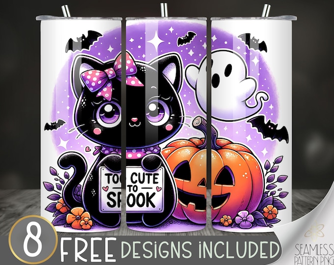 Too Cute To Spook Tumbler Wrap, Halloween Cat Ghost Pumpkin Sublimation, 20oz Skinny Tumbler Design PNG, Cute Halloween Sublimation Wrap