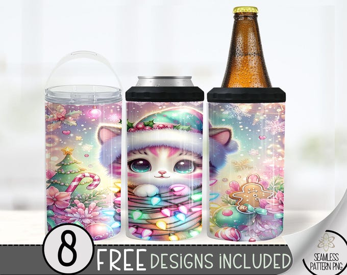 Christmas Cat 4in1 Can Cooler Wrap, Winter Sublimation Design, Xmas 16 Oz Slim, Pastel Christmas 4 in 1 Tumbler Png, Kitten 16 Oz Can Cooler