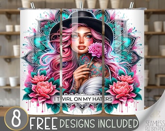 Sassy Tumbler Wrap, Boho Girl 20 oz Skinny Sublimation PNG Design, Neon Mandala Tumbler Wrap, Tattooed Girl Tumbler Wrap, Sarcastic Tumbler