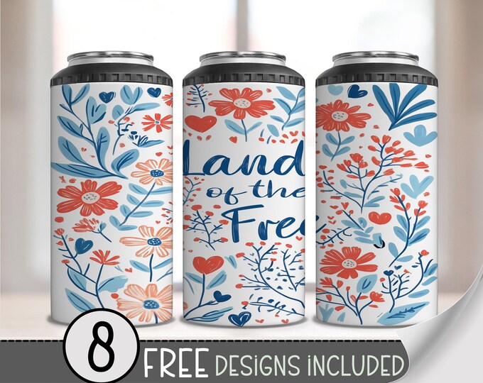 4-in-1 Can Cooler Wrap PNG, Land of the Free Patriotic Design, Floral Red White Blue Sublimation Wrap for 16oz Coolers, 4th of July PNG A256