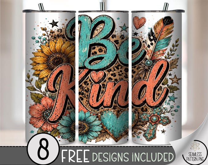 Be Kind 20oz Tumbler Wrap, Boho Sublimation Design for Straight Tumblers, Leopard Print PNG Files, Digital Download, B10465