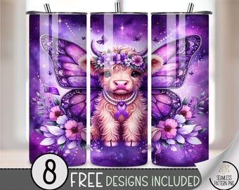 20oz Tumbler Wrap Highland Cow Fairy PNG, Lupus Purple Wings Cow Sublimation Design, Cute Boho Butterfly Cow PNG for Fall, A359