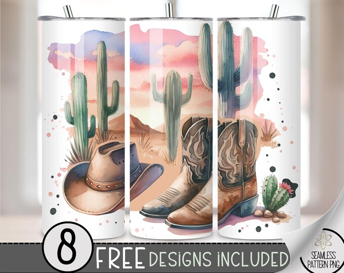 Country Western Tumbler Wrap, Boho Desert 20 Oz Skinny Tumbler PNG, Cowgirl 20Oz Tumbler File, Cactus Sublimation Tumbler Design, A109
