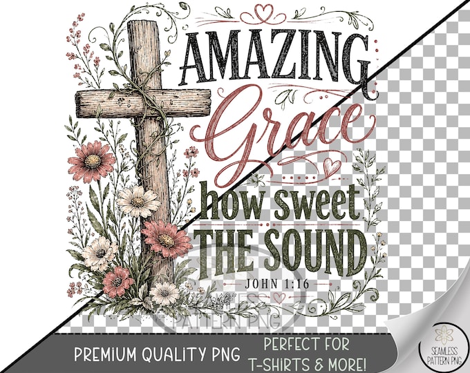 Rustic Cross Sublimation Design, "Amazing Grace" UV DTF Graphic, Faith Clip Art, Digital Download, B10238
