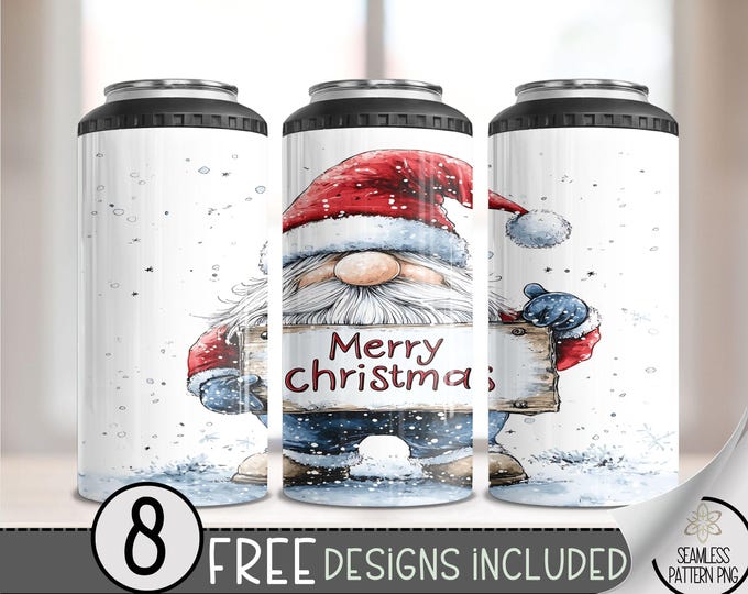 Christmas Gnome 4in1 Can Cooler Wrap, Winter Sublimation Design, Xmas 16 Oz Slim, Cute Gnome 4 in 1 Tumbler PNG, Christmas 16 Oz Can Cooler
