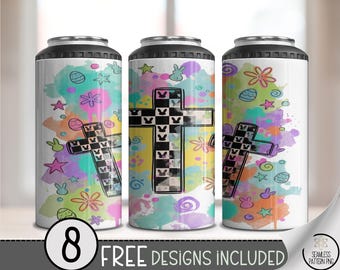 Easter Calvary Cross 4in1 Can Cooler Wrap, Checker Pattern Sublimation Design, Pastel Spring 16 oz 4-in-1 File, Cute Easter Design B882