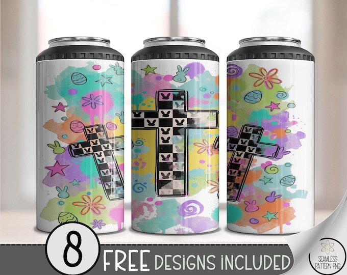 Easter Calvary Cross 4in1 Can Cooler Wrap, Checker Pattern Sublimation Design, Pastel Spring 16 oz 4-in-1 File, Cute Easter Design B882
