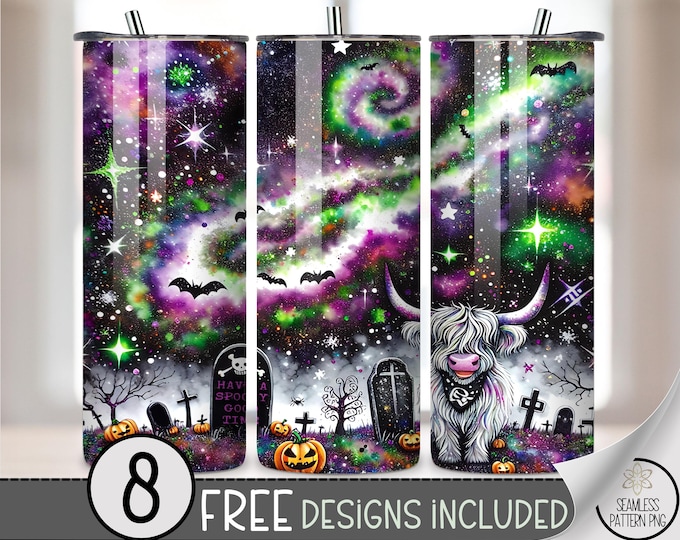 Spooky Halloween 20 oz Tumbler Wrap, Galaxy Night, Bats & Pumpkins, Witchy Gothic File, Eerie Graveyard Scene, 20oz Sublimation Design A409