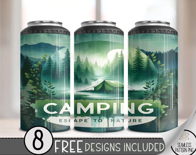 Tent Camping 4 in 1 Can Cooler Wrap, Woodland 4in1 Tumbler PNG, Relaxing 16 Oz Can Cooler Sublimation Design, Forest Retreat Camp Design