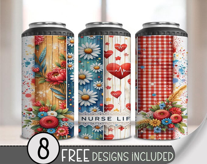 Nurse Life Can Cooler PNG, Cute Nurse 4 in 1 Can Cooler Wrap, Boho Daisy 4in1 Tumbler PNG, Floral Gingham PNG 16oz Sublimation Design, A208