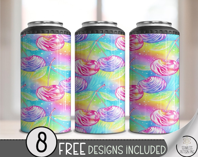 Rainbow Cherry PNG, Seamless 4-in-1 Can Cooler Wrap, Kawaii Candy-Inspired Design, Swirled Cherries Digital Download, B938