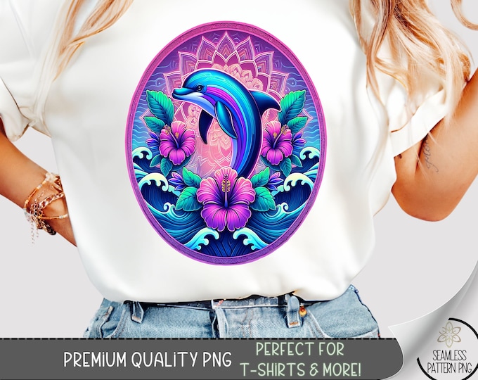 Neon Dolphin T-Shirt Design, Floral Sublimation Design, Boho Mandala Dolphin Sweatshirt PNG, Beach Fisherman Aesthetic, Summer File A225