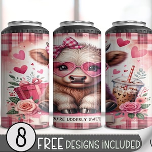 Könnte beinhalten: Drei isolierte Getränkehalter mit Valentinstags-Thema. Jeder zeigt eine niedliche Kuh-Illustration mit rosa herzförmigen Sonnenbrillen und einer Schleife. Das Design umfasst Herzen, Geschenke und den Text "YOU'RE UDDERLY SWEET".