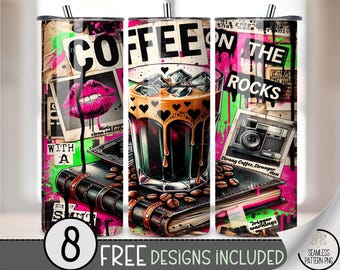Coffee On The Rocks Tumbler Wrap PNG, 20 oz Sublimation Grunge Collage, Iced Coffee Wrap with Books & Smut, Edgy Neon Romance PNG A279