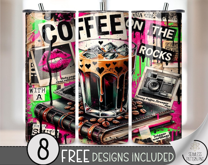 Coffee On The Rocks Tumbler Wrap PNG, 20 oz Sublimation Grunge Collage, Iced Coffee Wrap with Books & Smut, Edgy Neon Romance PNG A279