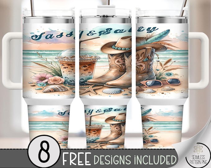 Sassy and Salty 40 oz Tumbler Wrap PNG, Western Cowgirl Beach Scene, Summer Sublimation Design, 40oz Iced Coffee Tumbler Wrap PNG, A302