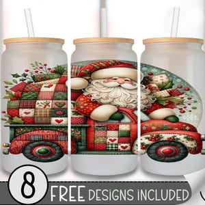May include: Three frosted glass tumblers with bamboo lids and straws. Each tumbler features a festive design of Santa Claus driving a red truck filled with gifts. The text "8 FREE DESIGNS INCLUDED" is at the bottom.