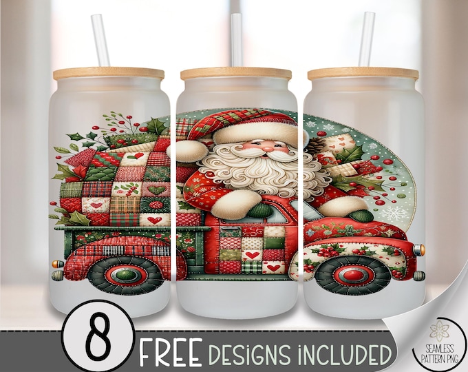 Santa Claus Glass Can Wrap, Faux Patchwork 16oz Glass Tumbler Sublimation Design, Digital Download, Festive PNG file, A708