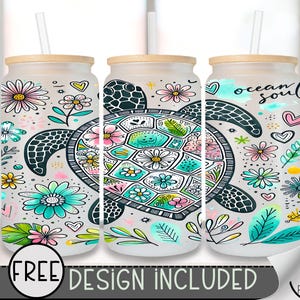 Sea Turtle Glass Wrap, Sea Ocean 16 Oz Glass Can Wrap PNG, Coastal Boho Floral Glass Can Sublimation Wrap Design, Ocean Beach PNG, A203