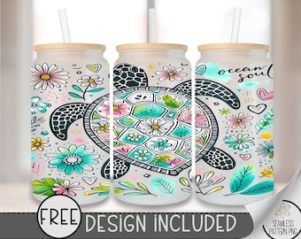 Sea Turtle Glass Wrap, Sea Ocean 16 Oz Glass Can Wrap PNG, Coastal Boho Floral Glass Can Sublimation Wrap Design, Ocean Beach PNG, A203