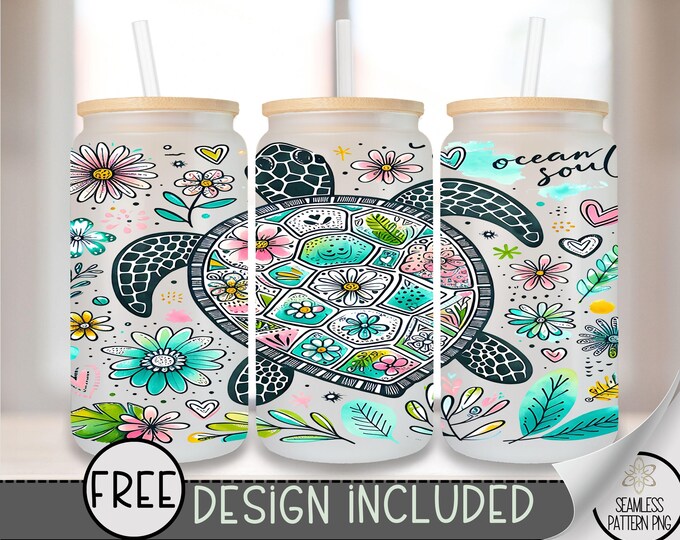 Sea Turtle Glass Wrap, Sea Ocean 16 Oz Glass Can Wrap PNG, Coastal Boho Floral Glass Can Sublimation Wrap Design, Ocean Beach PNG, A203