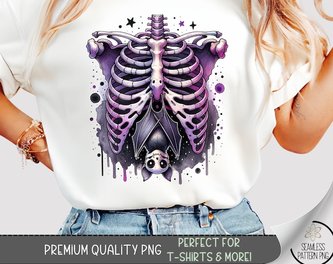 Purple Skeleton Rib Cage with Cute Bat PNG, Gothic Halloween Shirt Sublimation Design, Spooky Horror Tee for Fall, A384