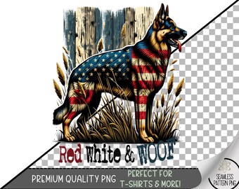 Red White & Woof PNG, Patriotic German Shepherd Sublimation, American Flag Dog Clipart, USA Pet Lover Sublimation File A272