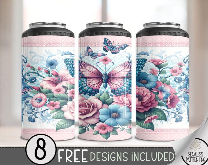 Blue Butterfly 4 in 1 Can Cooler Wrap, Geometric Sublimation Design, Pink 16 Oz Slim, Pretty 4in1 Tumbler PNG, Floral 16 Oz Can Cooler
