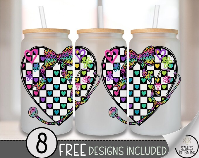 Heart-Shaped Nurse Glass Can Wrap, Stethoscope 16oz Glass Tumbler Sublimation Design, Playful Medical Theme PNG File, Pastel Leopard B912