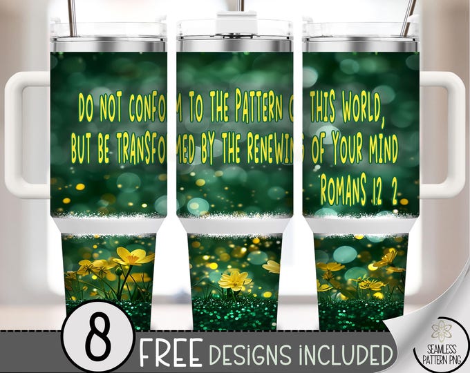 Inspirational Green 40oz Tumbler Wrap, Forest Luminescent Romans 12:2 Design, Motivational Wrap 40 oz Wrap, Renew Your Mind Scripture A408