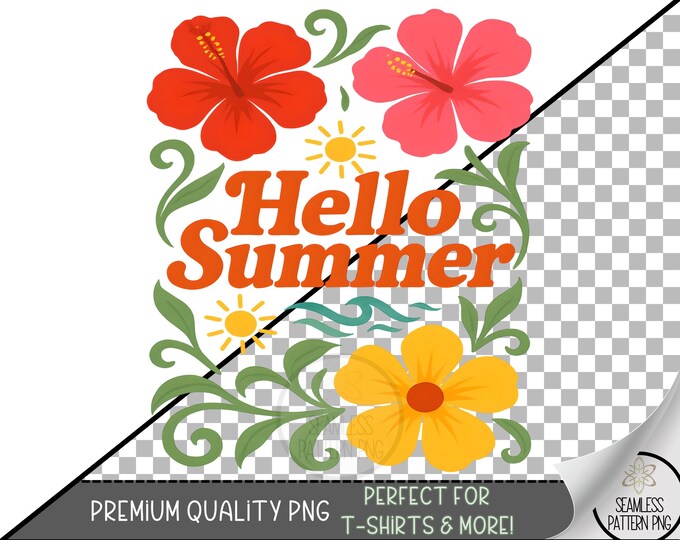 Hello Summer PNG Sublimation Design, Retro Floral Sunshine Art for Summer Crafts, Printable PNG for DTF, Uv Dtf,  Sublimation Projects A246
