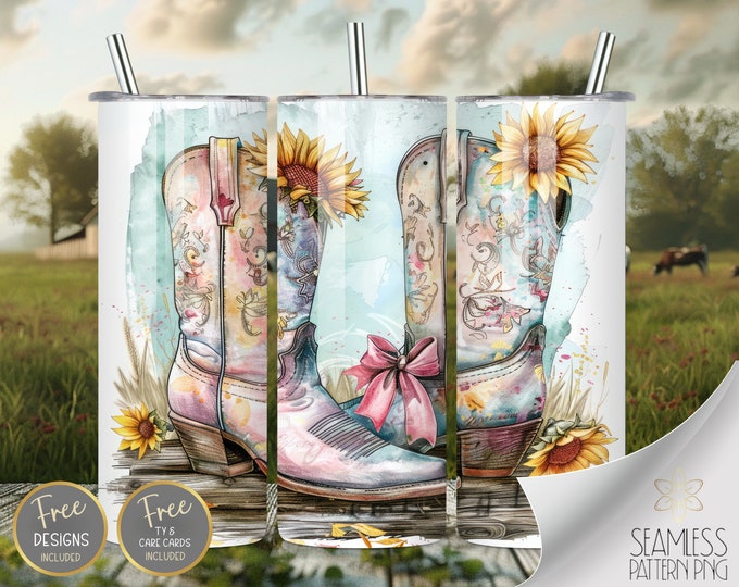 Cowboy Boots PNG Tumbler Wrap, Western Sunflower Seamless Design, Instant Download, 20 Oz Skinny Sublimation Tumbler Design, Watercolor Bow