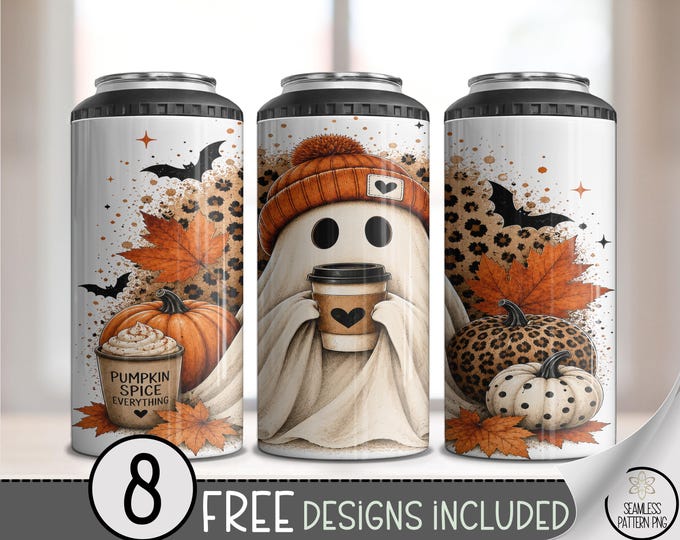 Halloween Ghost 4in1 Can Cooler Wrap, Autumn Coffee Sublimation Design, Digital Download, B10519