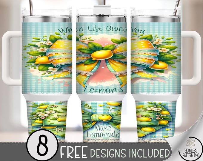 When Life Gives You Lemons Make Lemonade 40 oz Tumbler Wrap PNG, Floral Citrus Bow Sublimation, Yellow Polka Dot Summer Wrap, A332