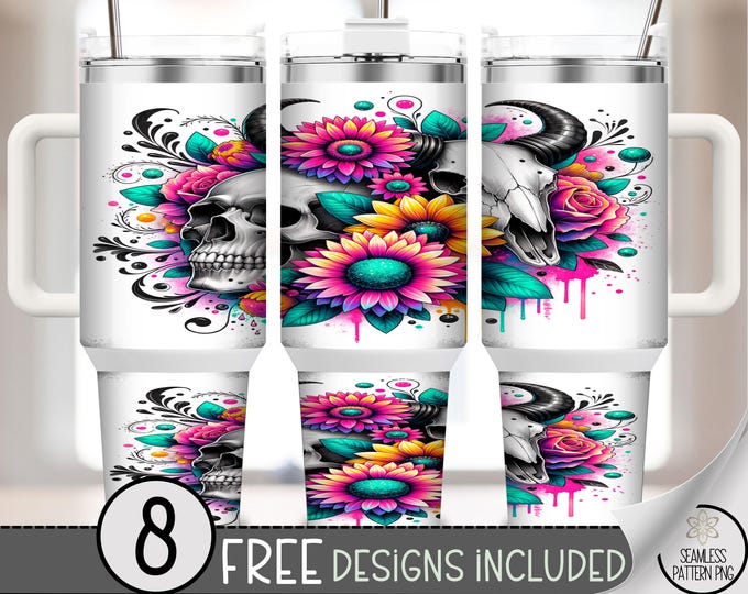 40oz Tumbler Wrap Bull Skull and Neon Flowers, Gothic Tropical PNG, Bold Dark Floral Sublimation Wrap, Edgy Summer Design for Tumblers, A407