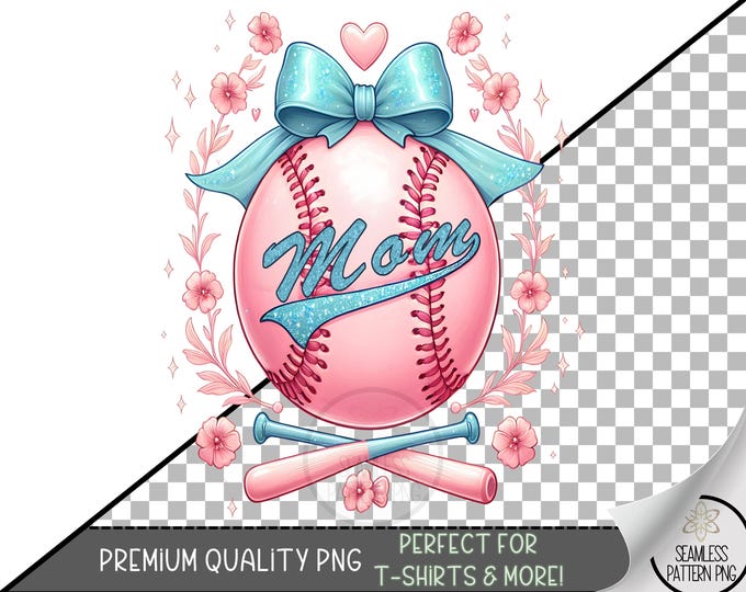 Pink Baseball Mom PNG, Cute Floral Baseball with Bow Sublimation Design, Sports Mom Shirt PNG for T-Shirts & Gifts, A367