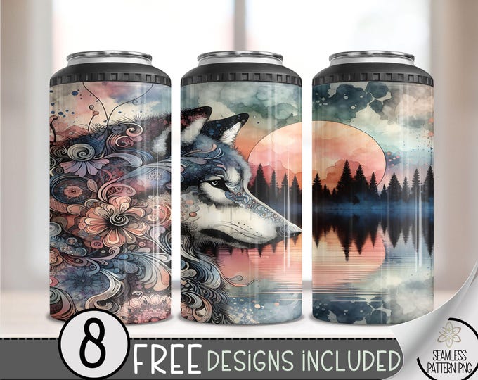 Boho Wolf Floral 4in1 Can Cooler Wrap, Watercolor Sunset Lake 4 in 1 Tumbler PNG, Seamless Ethereal 16 Oz Can Cooler Sublimation Design