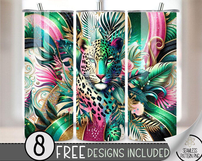 Glitter Leopard Tumbler Wrap, Sparkly Leopard Print 20oz Skinny Tumbler Sublimation Design, Summer Tropical Tumbler Wrap PNG, Seamless File