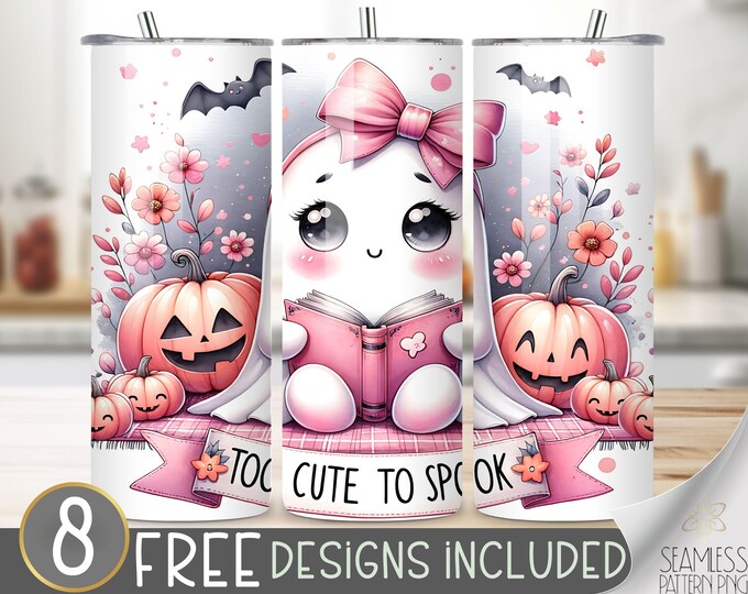 Too Cute To Spook Tumbler Wrap, Halloween Cat Ghost Pumpkin Sublimation, 20oz Skinny Tumbler Design PNG, Cute Halloween Sublimation Wrap