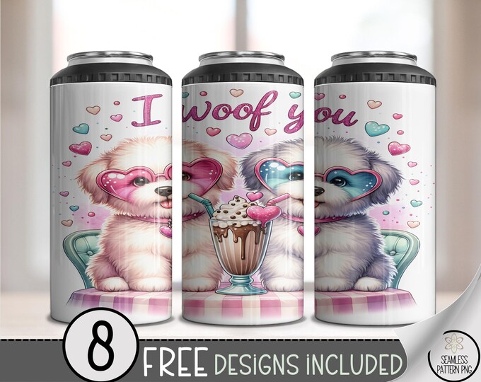 Lovely Dog PNG, Cute Romantic Sublimation Design, Adorable Kawaii Puppies With Hearts, 16 Oz 4-In-1 Can Cooler Wrap File, B732