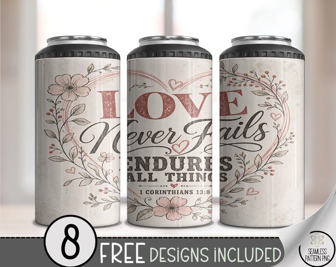 Love Never Fails 4-in-1 Can Cooler Wrap, Inspirational Sublimation Design, Romantic 16 oz 4-in-1 File, Digital Download, B10320