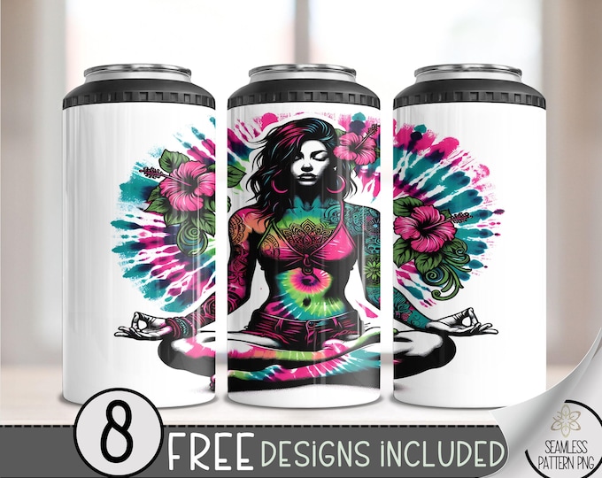 Meditation 4 in 1 Can Cooler Wrap, Spiritual Yoga Sublimation Design, Tattoo Girl 4in1 Tumbler PNG, Tie-Dye Girl 16 oz Can Cooler Wrap, A121