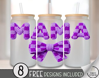 Valentines Day Mama Glass Can Wrap, Checkered Mama 16oz Glass Tumbler Sublimation, Faux Knit Mother's Day PNG File, A822