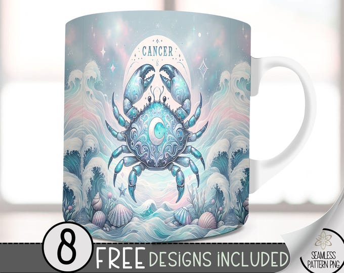 Cancer 11Oz Mug Template, Coffee Mug Png, 11 Oz Mug Wrap, Zodiac Mug, Astrology Mug Sublimation Designs, Seamless Zodiac Sign, Tie Dye Png