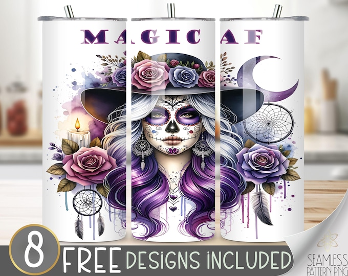 Sugar Skull Witch Tumbler Wrap, Day of the Dead Design, Gothic Rose Magic AF, Gothic 20oz Sublimation PNG, Halloween Calavera Tumbler Design