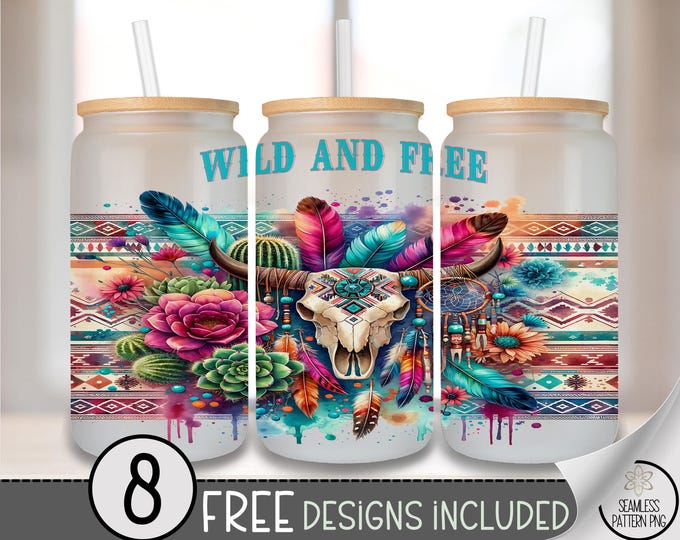 Boho Skull with Feathers Glass Can Wrap PNG, Western Cowgirl Design, Bull Skull Sublimation, Dreamcatcher & Cactus Floral Wrap Design, A404