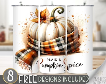 Plaid & Pumpkin Spice Tumbler Wrap, Pumpkin Tumbler Png, Pumpkin Spice Season Digital Wrap, White Pumpkin and Plaid Scarf Sublimation File