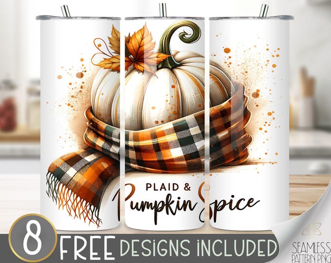 Plaid & Pumpkin Spice Tumbler Wrap, Pumpkin Tumbler Png, Pumpkin Spice Season Digital Wrap, White Pumpkin and Plaid Scarf Sublimation File